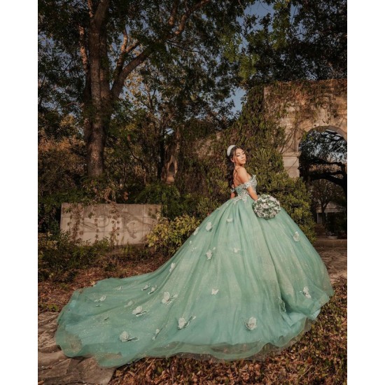 Off Shoulder Sweet 15 Gowns Sage Green Quinceanera Dress With 3D Butterfly