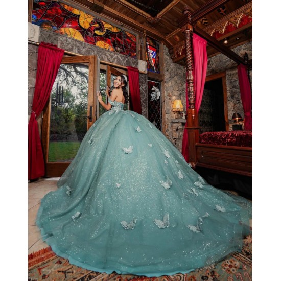 Off Shoulder Sweet 15 Gowns Sage Green Quinceanera Dress With 3D Butterfly