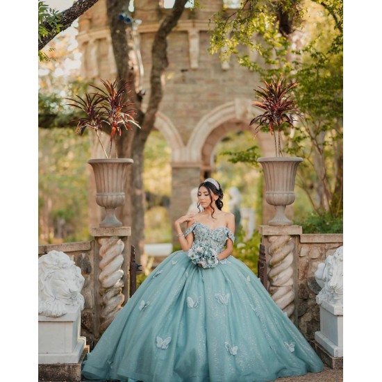 Off Shoulder Sweet 15 Gowns Sage Green Quinceanera Dress With 3D Butterfly