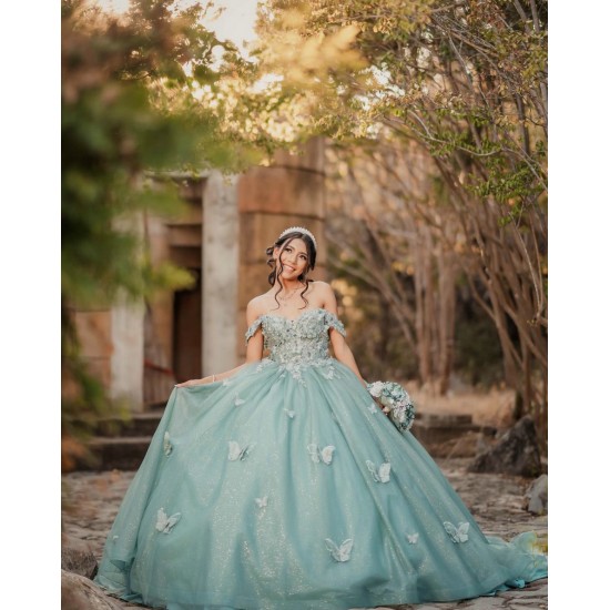 Off Shoulder Sweet 15 Gowns Sage Green Quinceanera Dress With 3D Butterfly