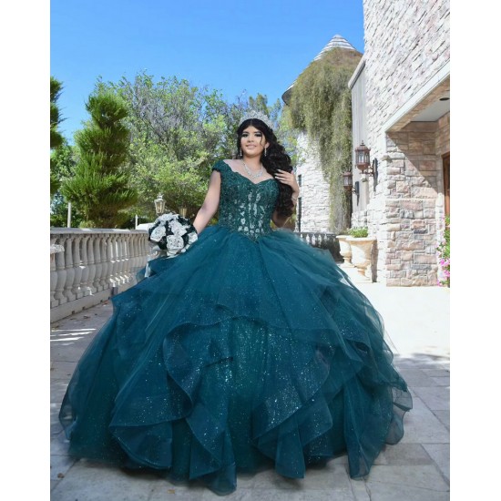 Off Shoulder Tiered Emerald Green Quinceanera Dress Sweetheart Neck 15 Dresses