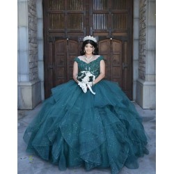 Off Shoulder Tiered Emerald Green Quinceanera Dress Sweetheart Neck 15 Dresses