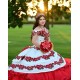 Off Shoulder Tiered Red Quince Dresses Lace Appliques Sweetheart Neck 15 Dress