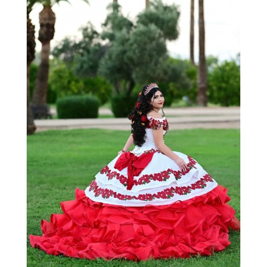 Off Shoulder Tiered Red Quince Dresses Lace Appliques Sweetheart Neck 15 Dress