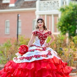 Off Shoulder Tiered Red Quince Dresses Lace Appliques Sweetheart Neck 15 Dress