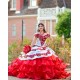 Off Shoulder Tiered Red Quince Dresses Lace Appliques Sweetheart Neck 15 Dress