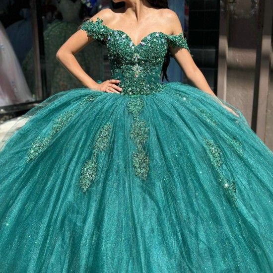 Off Shoulder Verdigris Quinceanera Dresses V Neck 15 Dress