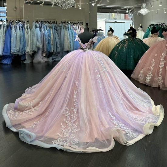 Off Shoulder Vestidos De 15 Anos Crystal Pink Quinceanera Dress