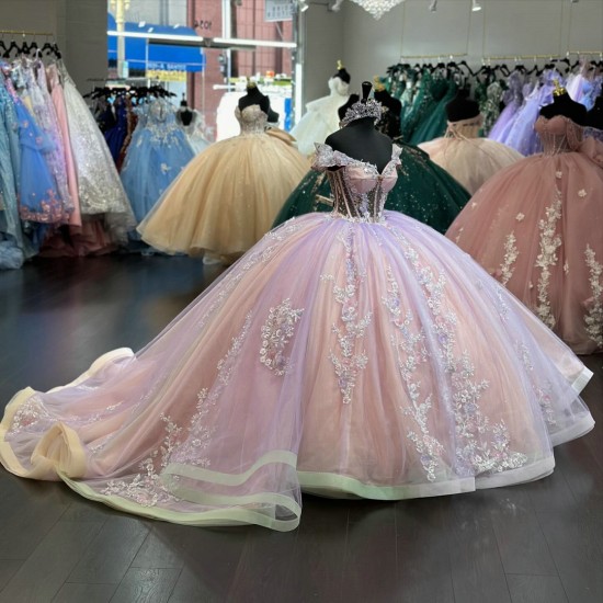 Off Shoulder Vestidos De 15 Anos Crystal Pink Quinceanera Dress