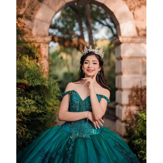 Off Shoulder Vestidos De 15 Anos Emerald Green Quinceanera Dress