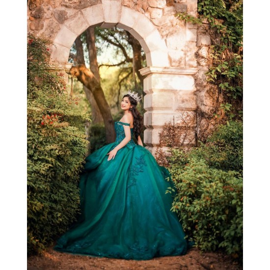 Off Shoulder Vestidos De 15 Anos Emerald Green Quinceanera Dress