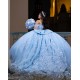 Off Shoulder Vestidos De 15 Anos Lace Appliques Sky Blue Quince Dress Sequin Princess Dress With Bow