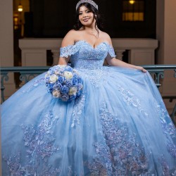 Off Shoulder Vestidos De 15 Anos Lace Appliques Sky Blue Quince Dress Sequin Princess Dress With Bow