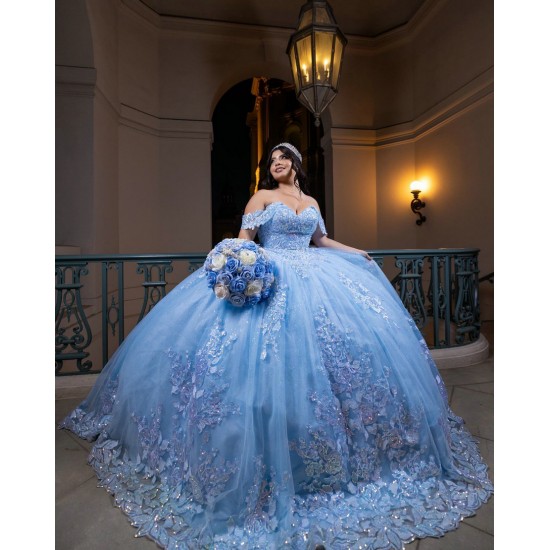 Off Shoulder Vestidos De 15 Anos Lace Appliques Sky Blue Quince Dress Sequin Princess Dress With Bow