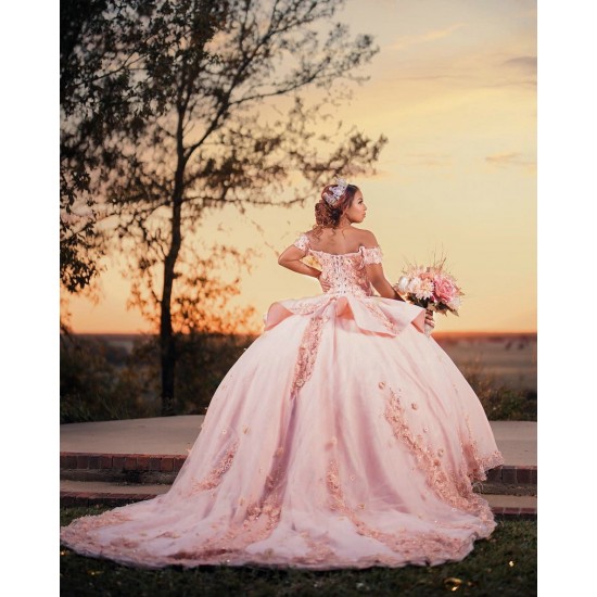 Off Shoulder Vestidos De 15 Anos Pink Quinceanera Dress