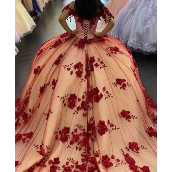 Off The Shoulder 3D Flowers Red On Nude Quinceanera Dress