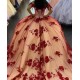 Off The Shoulder 3D Flowers Red On Nude Quinceanera Dress