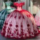 Off The Shoulder 3D Flowers Red On Nude Quinceanera Dress