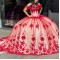 Off The Shoulder 3D Flowers Red On Nude Quinceanera Dress