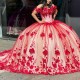 Off The Shoulder 3D Flowers Red On Nude Quinceanera Dress