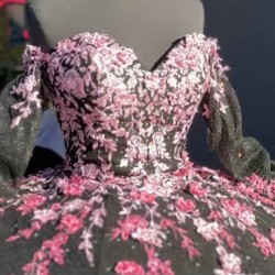 Off The Shoulder Black Quinceanera Dresses With Pink Flowers