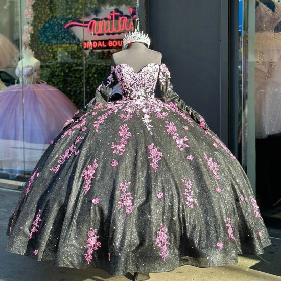 Off The Shoulder Black Quinceanera Dresses With Pink Flowers