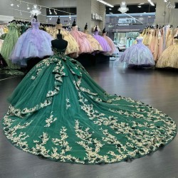 Off The Shoulder Cathedral Train Quinceanera Dresses Green and Gold