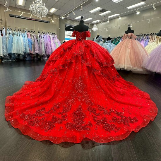 Off The Shoulder Floral Red Glitter Quince Dress 2024