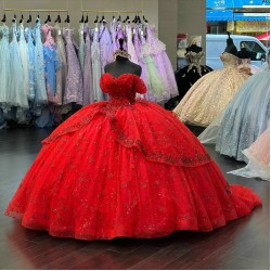 Off The Shoulder Floral Red Glitter Quince Dress 2024