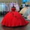 Off The Shoulder Floral Red Glitter Quince Dress 2024