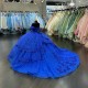 Off The Shoulder Floral Royal Blue Glitter Quince Dress 2024