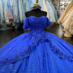 Off The Shoulder Floral Royal Blue Glitter Quince Dress 2024