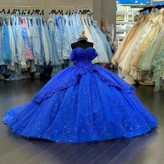 Off The Shoulder Floral Royal Blue Glitter Quince Dress 2024