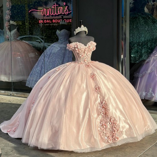 Off The Shoulder Glitter Organza Pink Dama Dresses for Quinceanera