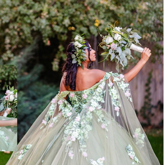 Off The Shoulder Green Quince Dress with Cape And Flowers