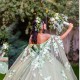 Off The Shoulder Green Quince Dress with Cape And Flowers