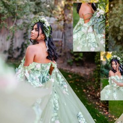 Off The Shoulder Green Quince Dress with Cape And Flowers