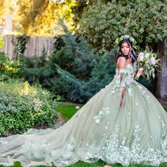 Off The Shoulder Green Quince Dress with Cape And Flowers