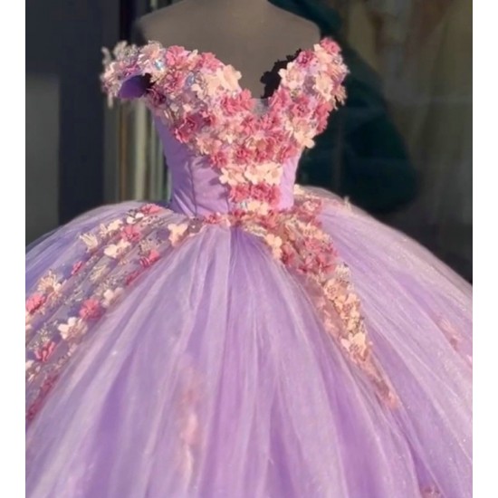 Off The Shoulder Lilac Quinceanera Dresses With Pink Flowers