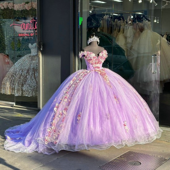 Off The Shoulder Lilac Quinceanera Dresses With Pink Flowers