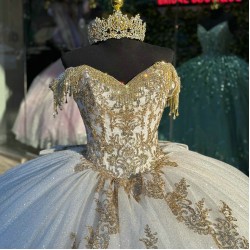 Off The Shoulder Long Tail Gold and White Quinceanera Dress