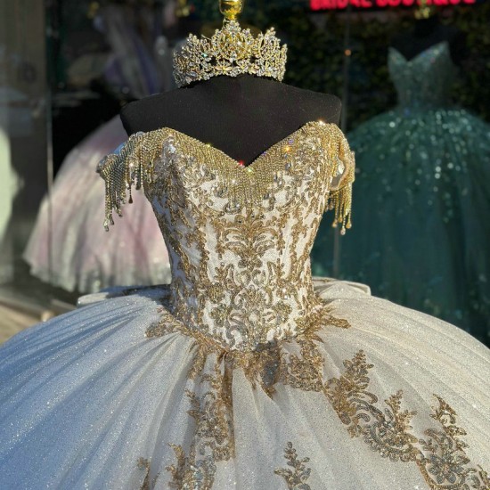 Off The Shoulder Long Tail Gold and White Quinceanera Dress