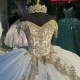 Off The Shoulder Long Tail Gold and White Quinceanera Dress