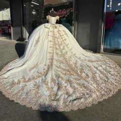 Off The Shoulder Long Tail Gold and White Quinceanera Dress