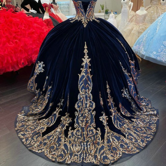 Off The Shoulder Navy and Gold Quinceanera Dresses