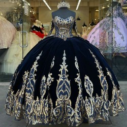 Off The Shoulder Navy and Gold Quinceanera Dresses