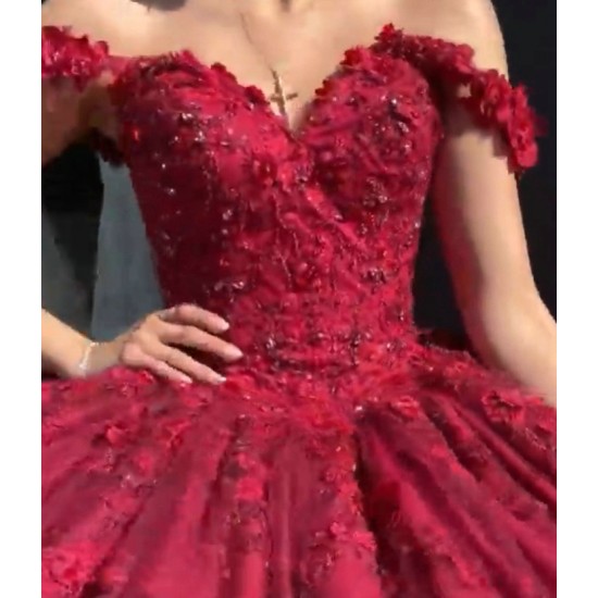 Off The Shoulder Organza Burgundy Quinceanera Dress With 3D Flowers