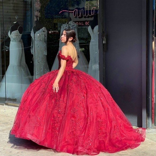 Off The Shoulder Organza Burgundy Quinceanera Dress With 3D Flowers