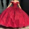 Off The Shoulder Organza Burgundy Quinceanera Dress With 3D Flowers