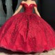 Off The Shoulder Organza Burgundy Quinceanera Dress With 3D Flowers